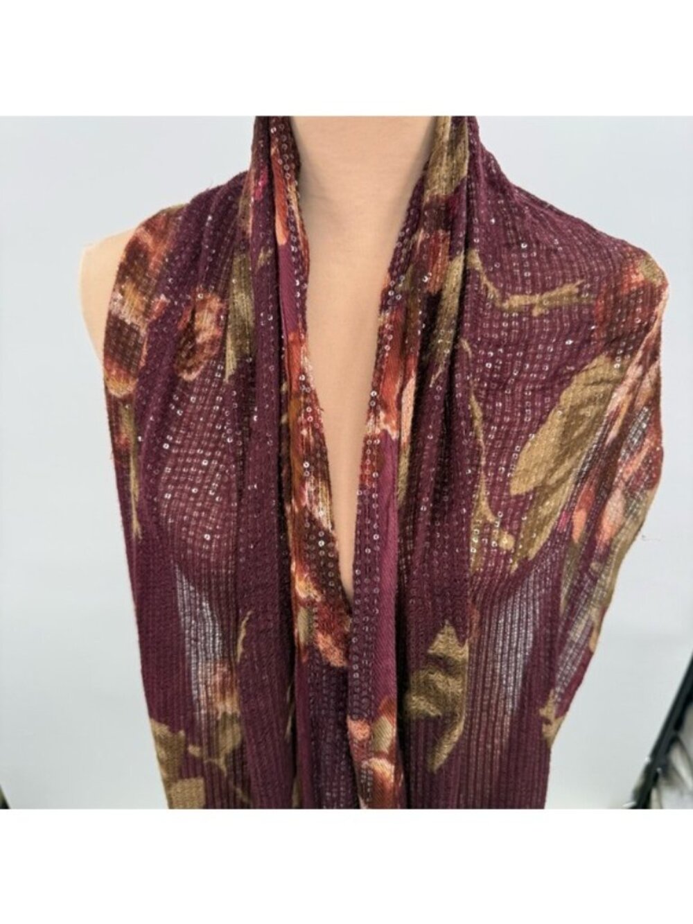 Lauren Ralph Lauren Sequin Scarf Burgundy Brown Abstract Lightweight Wrap - Picture 2 of 8